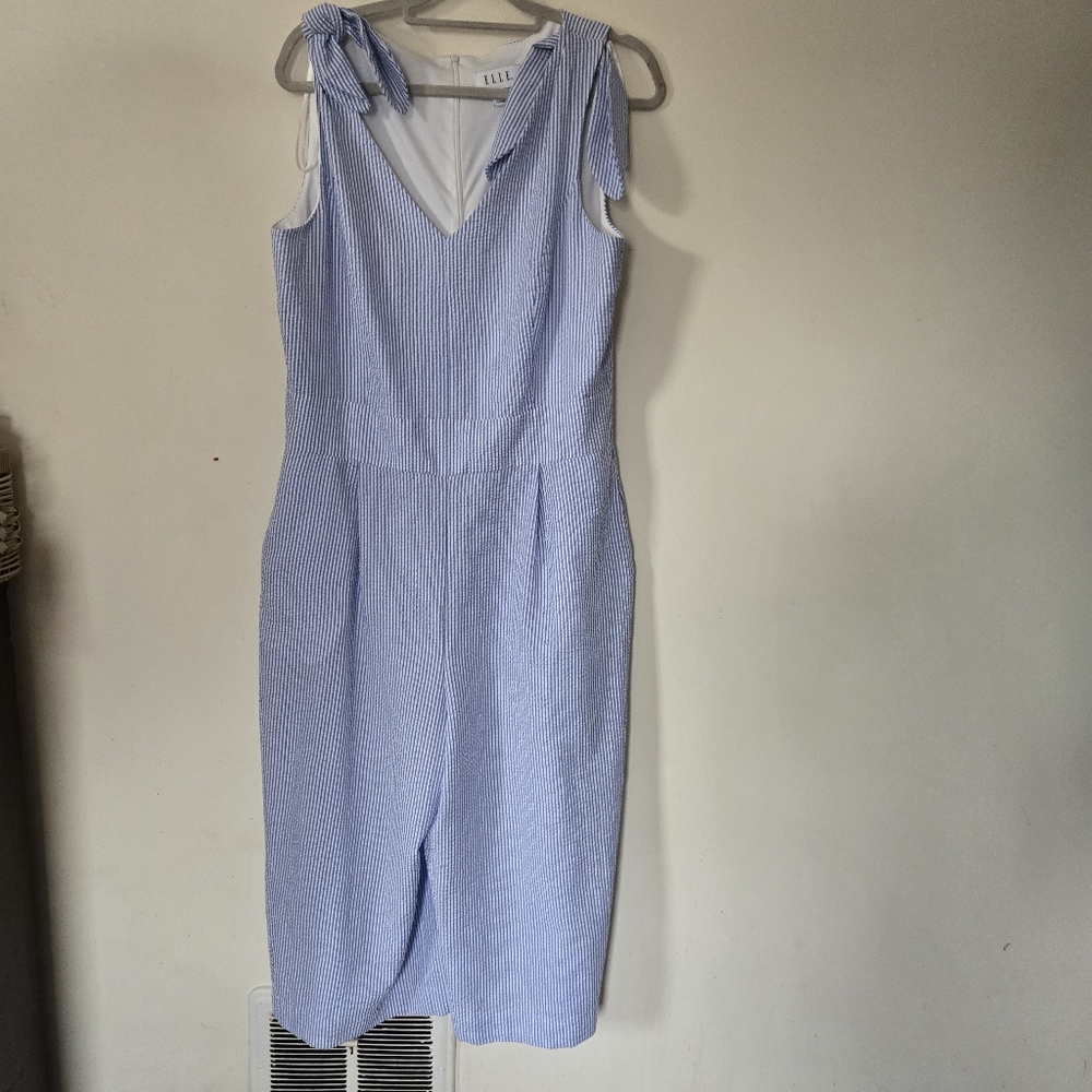 Elle‎ Seersucker Blue And White Striped Coastal Wide Leg Jumper Size XL Coastal